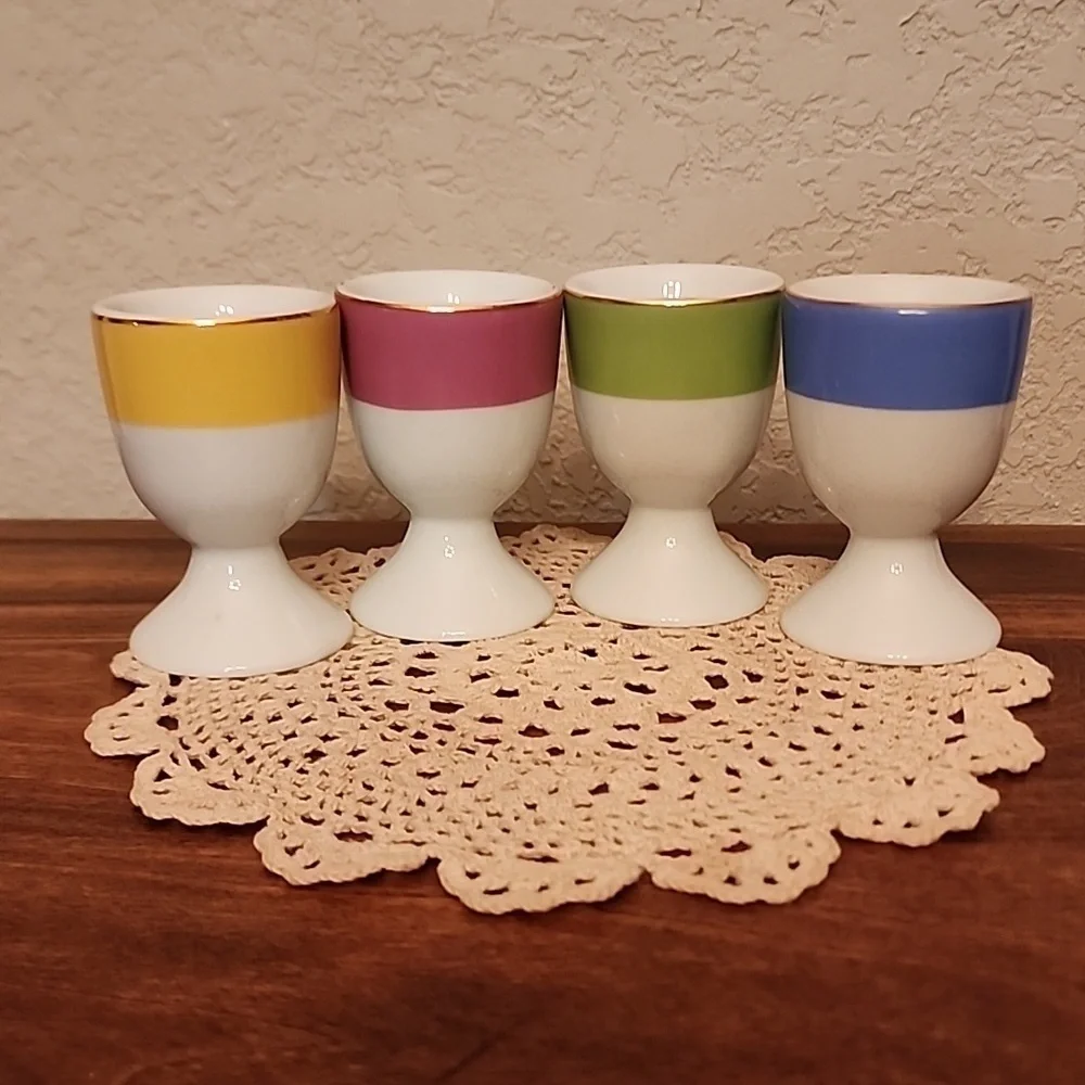 Pottery Barn Set of Four China Egg Cups Pastel Easter Eggs